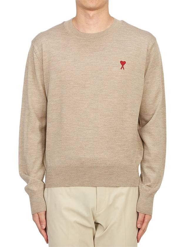 Heart Embroidered Logo Crew Neck Knit Top Beige - AMI - BALAAN 2