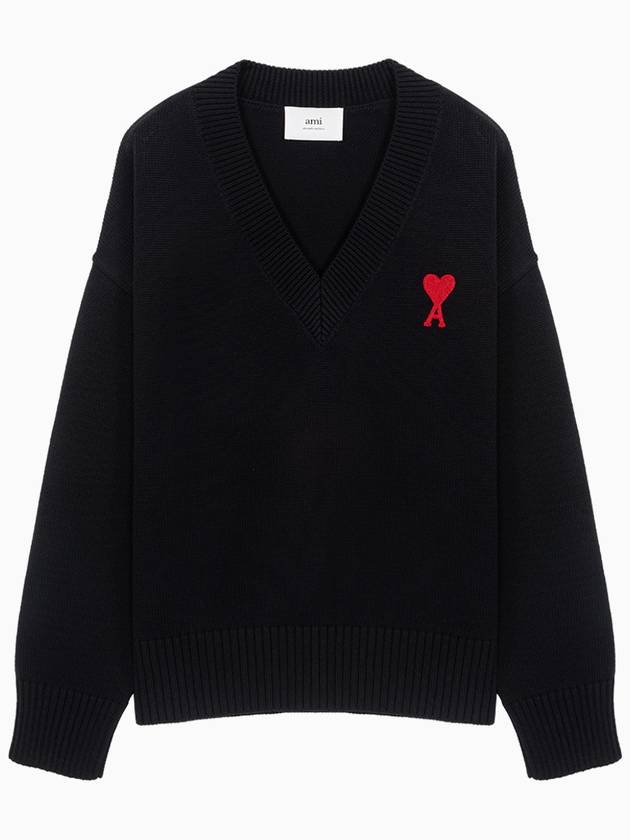 Heart Logo V-Neck Wool Knit Top Black - AMI - BALAAN 1