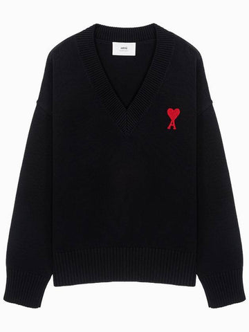 Heart Logo V-Neck Wool Knit Top Black - AMI - BALAAN 1