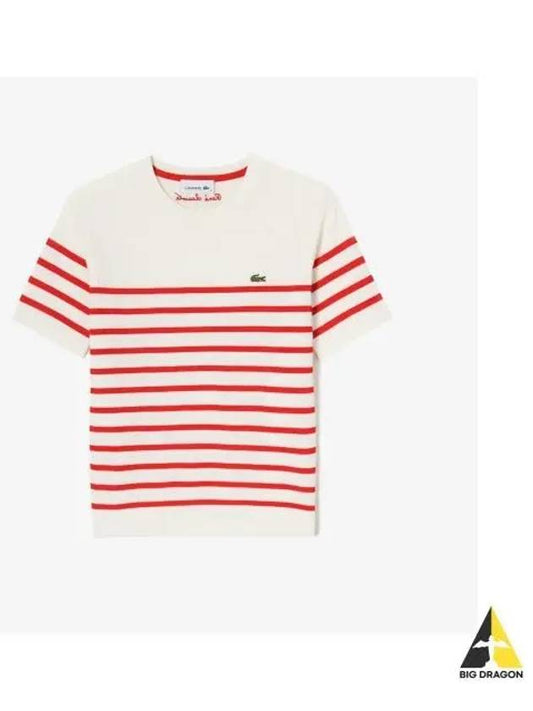 Women s Striped Short Sleeve Sweater Red - LACOSTE - BALAAN 1