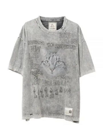 A13TS611 GRAY Distressed Cat Print T Shirt - MIHARA YASUHIRO - BALAAN 1