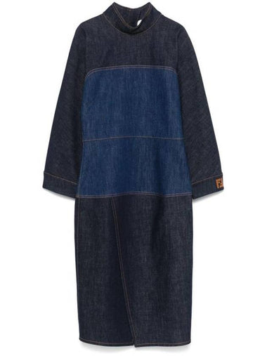 Two Tone Denim Midi Dress Blue - FENDI - BALAAN 1