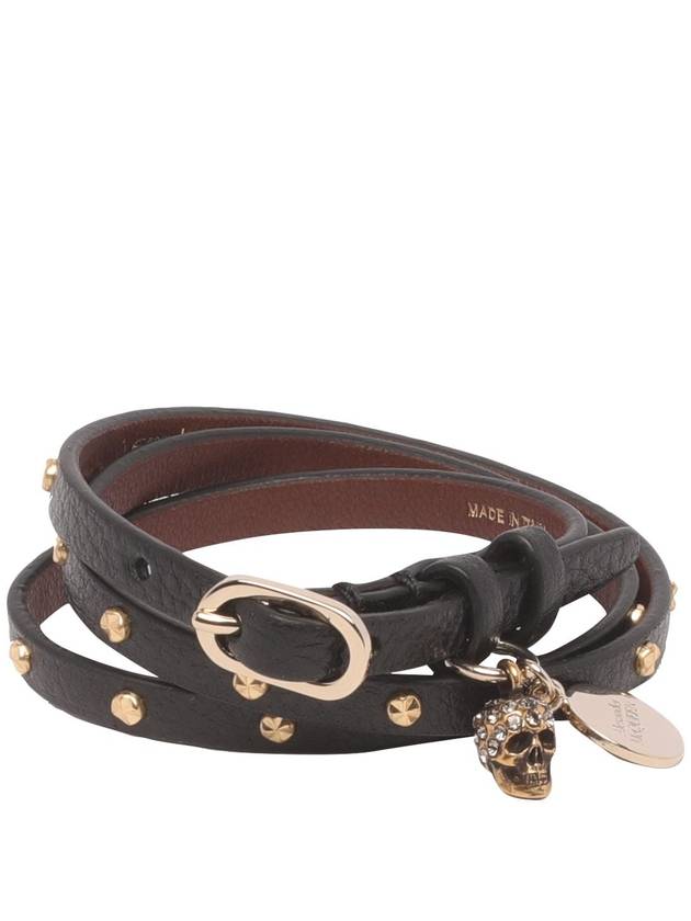 Hammered Gold Stud Skull Double Wrap Leather Bracelet Black - ALEXANDER MCQUEEN - BALAAN 3