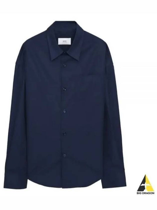 Chest Pocket Boxy Fit Poplin Long Sleeve Shirt Navy - AMI - BALAAN 2