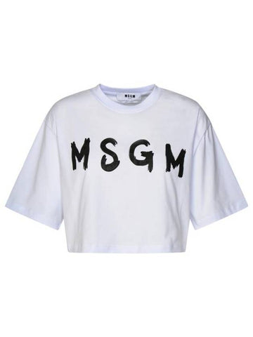 Logo Print Crop Cotton Short Sleeved T-shirt White - MSGM - BALAAN 1