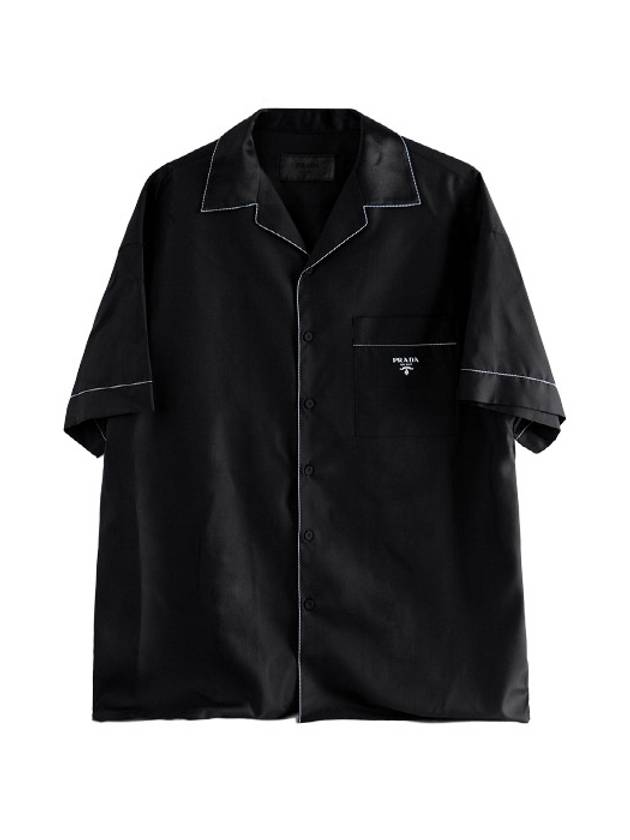 Logo Stitch Detail Silk Short Sleeve Shirt Black - PRADA - BALAAN 2