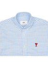 Small Heart Logo Gingham Button Long Sleeves Shirt Sky Blue - AMI - BALAAN 4