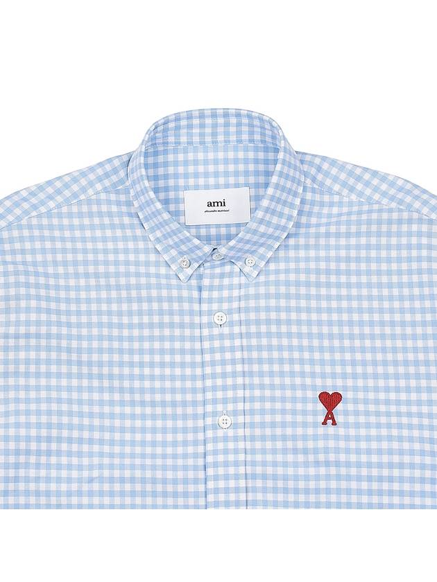 Small Heart Logo Gingham Button Long Sleeves Shirt Sky Blue - AMI - BALAAN 4