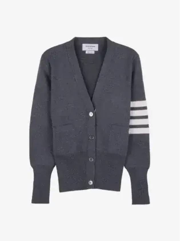 Milano Stitch 4 Bar Classic V Neck Fine Merino Wool Cardigan Medium Grey - THOM BROWNE - BALAAN 2