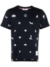 Embroidered Cotton Short Sleeve T-Shirt Navy - THOM BROWNE - BALAAN 1