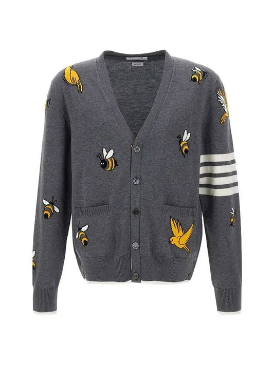 Men's Merino Bird Bee 4 Bar V-Neck Merino Cotton Cardigan Medium Grey - THOM BROWNE - BALAAN 2