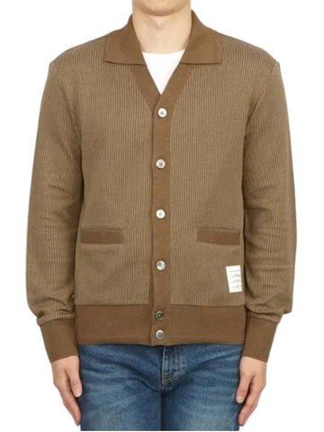 Logo Patch Rib Cardigan Brown - THOM BROWNE - BALAAN 1