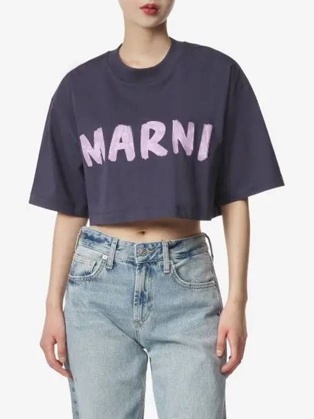 Logo Cotton Crop Short Sleeve T-Shirt Navy - MARNI - BALAAN 2