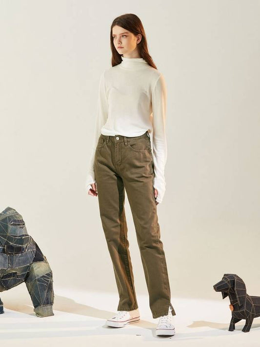 RYUL+WAI: slit straight color denim pants khaki brown - RYUL+WAI: - BALAAN 2