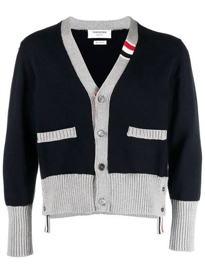 Three Stripe V Neck Cotton Cardigan Navy - THOM BROWNE - BALAAN 2