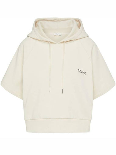 Logo Cotton Fleece Crop Short Sleeve Hoodie Cream - CELINE - BALAAN 1