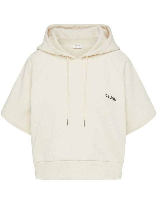 Cotton Fleece Crop Hooded Top Cream - CELINE - BALAAN 1