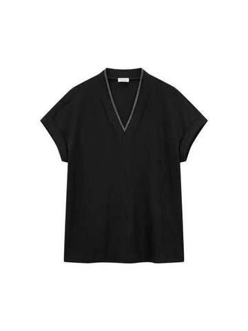 Women s Stretch Cotton V Neck T Shirt Black - BRUNELLO CUCINELLI - BALAAN 1