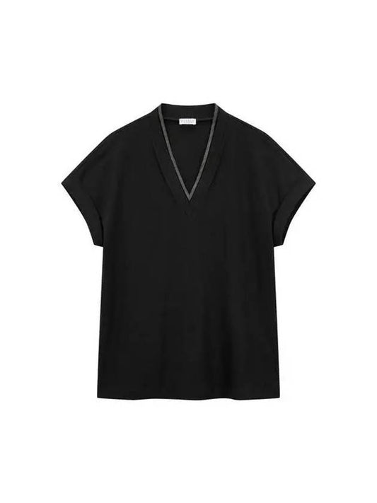 Women s Stretch Cotton V Neck T Shirt Black - BRUNELLO CUCINELLI - BALAAN 1