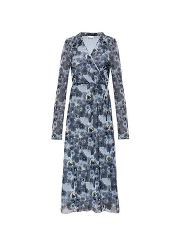 Women's Floral Wrap Long Dress Blue - GANNI - BALAAN 1