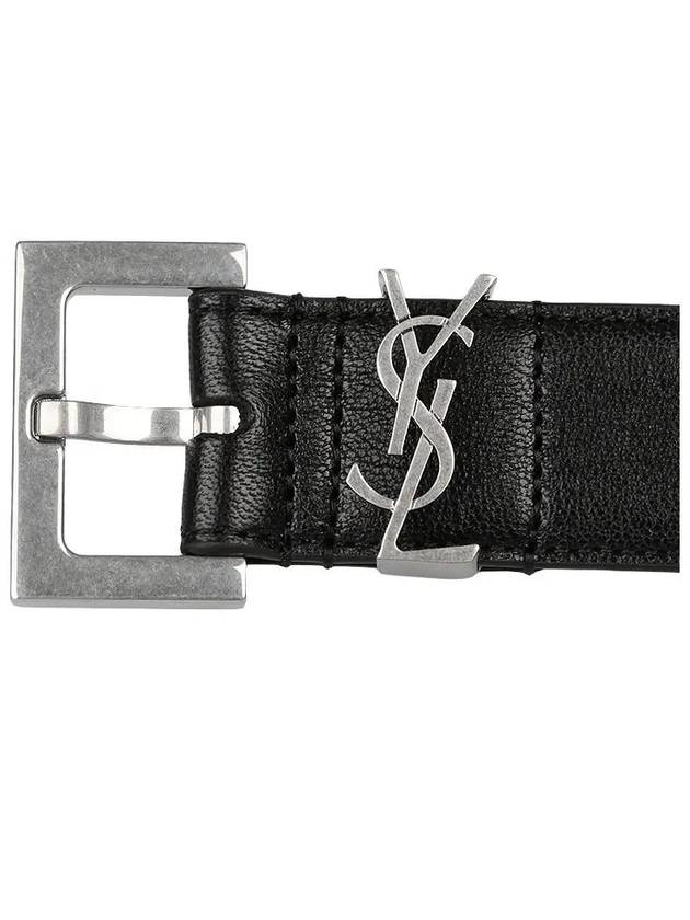 Silver Hardware Monogram Buckle Leather Belt Black - SAINT LAURENT - BALAAN 3