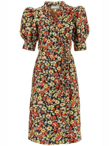 Floral Print Puff Sleeve Wrap Midi Dress - GANNI - BALAAN 1