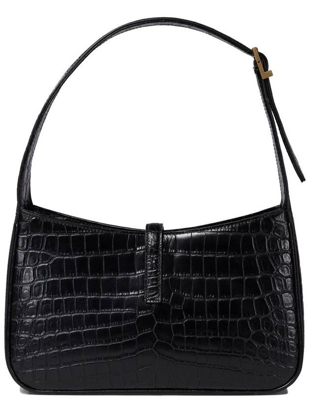 Bronze Monogram Le 5 A 7 Hobo Bag in Crocodile Embossed Shiny Leather Black - SAINT LAURENT - BALAAN 4