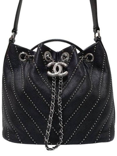 Women s A93850 Drawstring Studded Black Leather Small Bucket Bag Tote and Shoulder - CHANEL - BALAAN 2