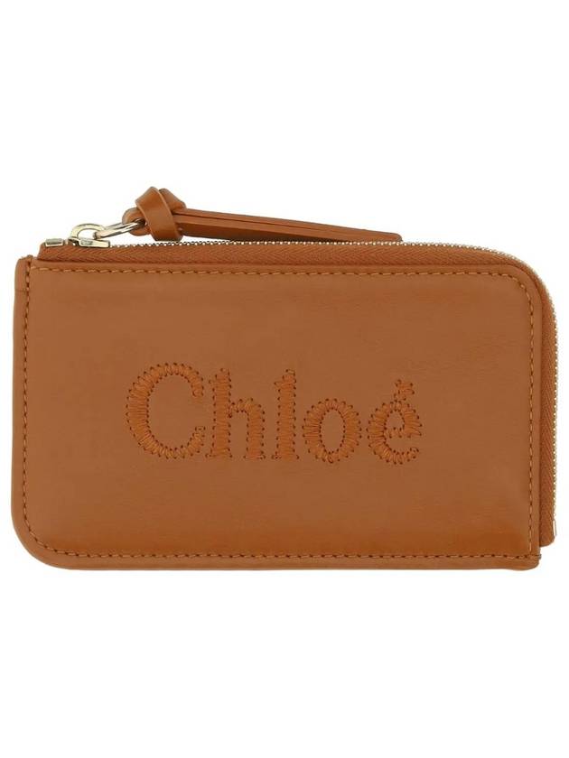 Embroidered Logo Shiny Calf Skin Zipper Card Wallet Brown - CHLOE - BALAAN 3