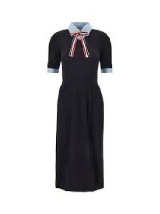 Ribbon Tie Layered Knit Midi Dress Navy - THOM BROWNE - BALAAN 2