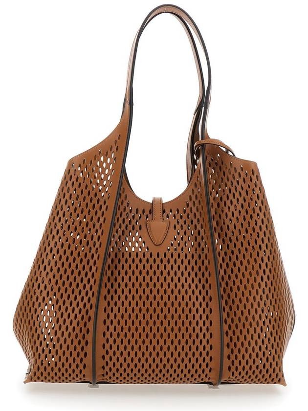 Brown Shoulder Bag With Metallic Pendant Timeless T In Perforated Leather Woman - TOD'S - BALAAN 2