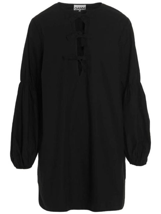 Women's Poplin Tie Short Dress Black - GANNI - BALAAN.