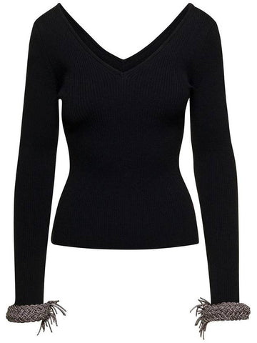 Black Top With V Neckline And Embellished Wrist In Wool Blend Woman - GIUSEPPE DI MORABITO - BALAAN 1