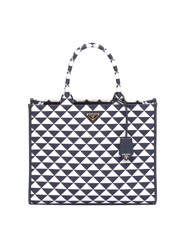 Large Symbol Embroidery Fabric Hand Tote Bag Baltic Blue Chalk White - PRADA - BALAAN 1