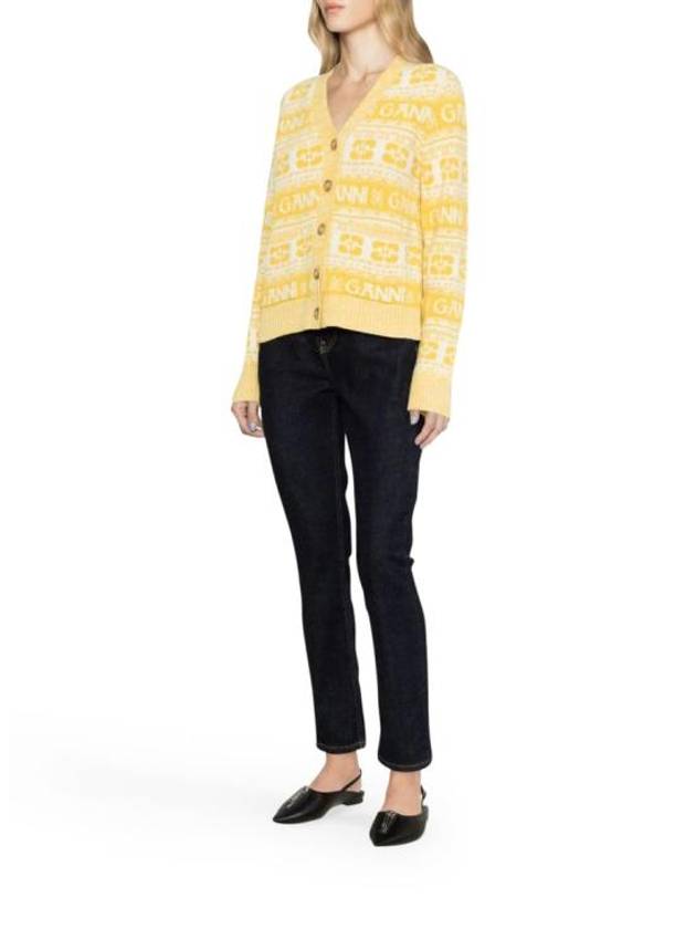 Intarsia Logo Wool V-Neck Cardigan Yellow - GANNI - BALAAN 6