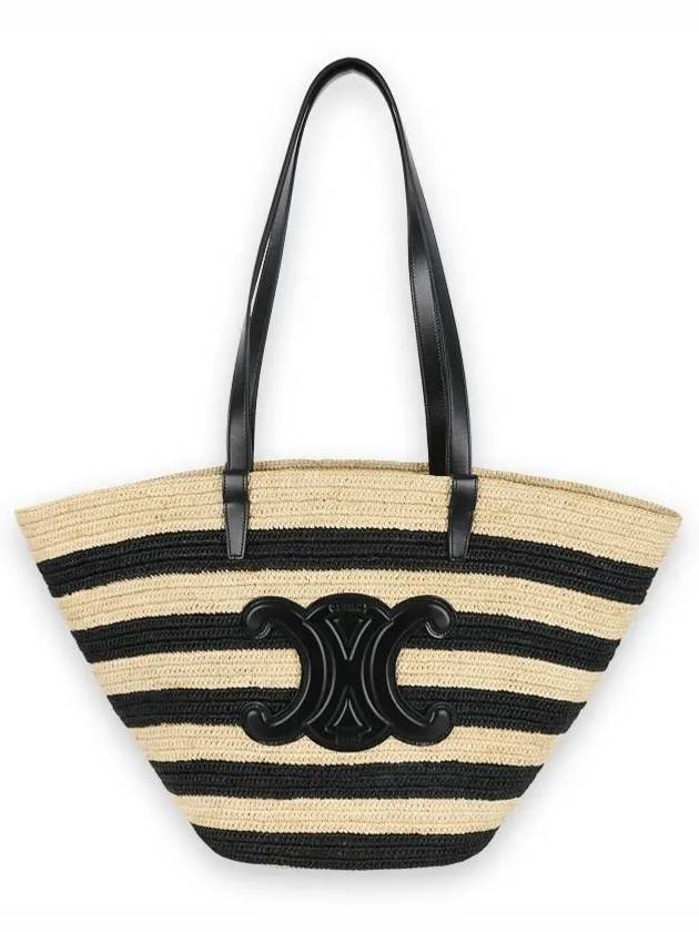 Striped Classic Pannier Raffia Bucket Tote Bag Natural Black - CELINE - BALAAN 3