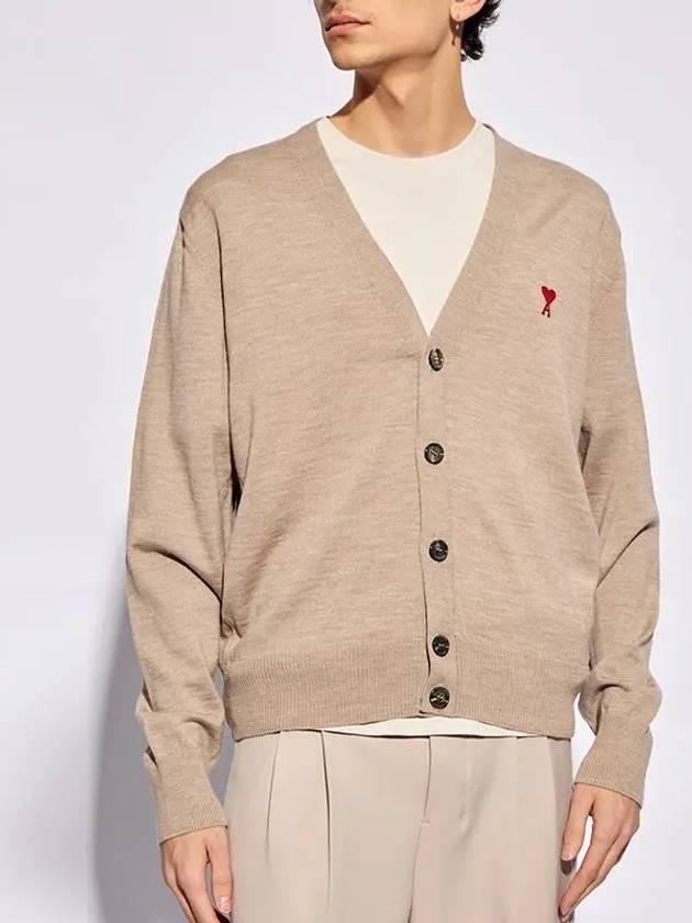 Red Heart Logo Merino Wool Cardigan Beige - AMI - BALAAN 2