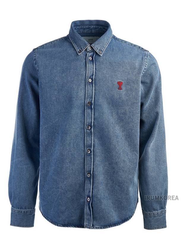 Button Down Denim Long Sleeve Shirt Blue - AMI - BALAAN 2