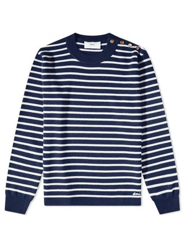 Striped Crewneck Knit Top Nautic Blue White - AMI - BALAAN 1