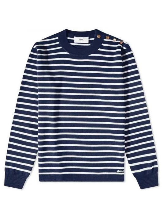 Striped Crewneck Knit Top Nautic Blue White - AMI - BALAAN 1