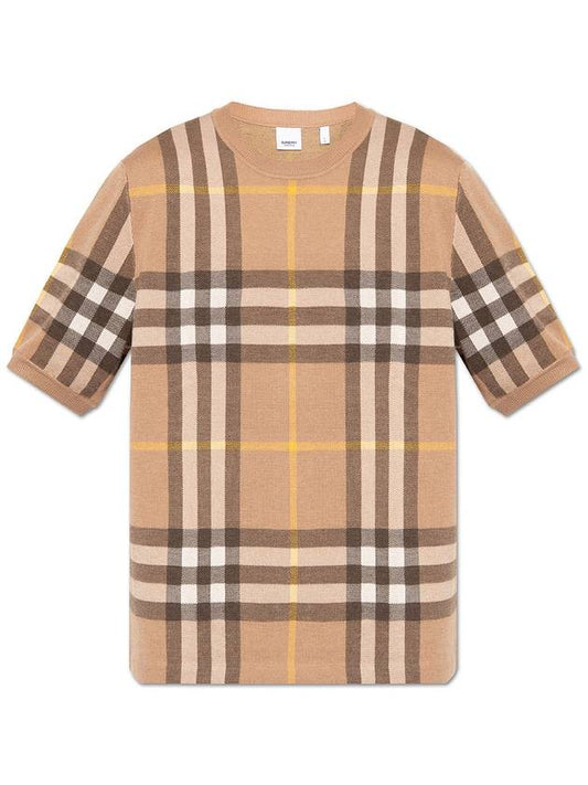 Men's Check Silk Wool Short Sleeve Knit Top Beige - BURBERRY - BALAAN 2