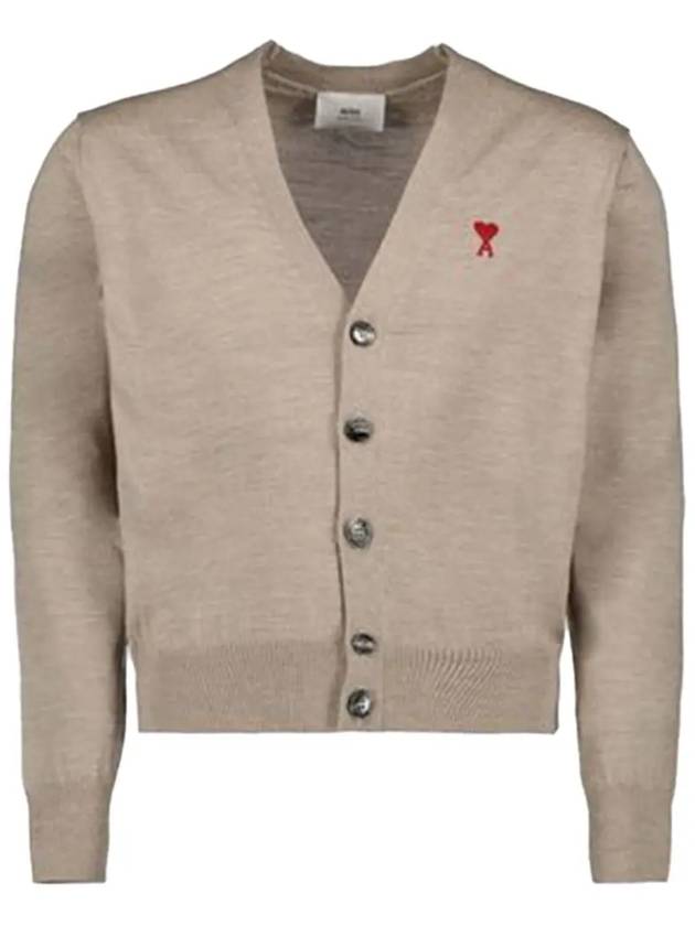 Red Heart Logo Merino Wool Cardigan Beige - AMI - BALAAN 5