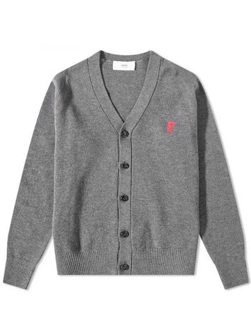 Small Heart Logo Wool Merino Cardigan Grey - AMI - BALAAN 1