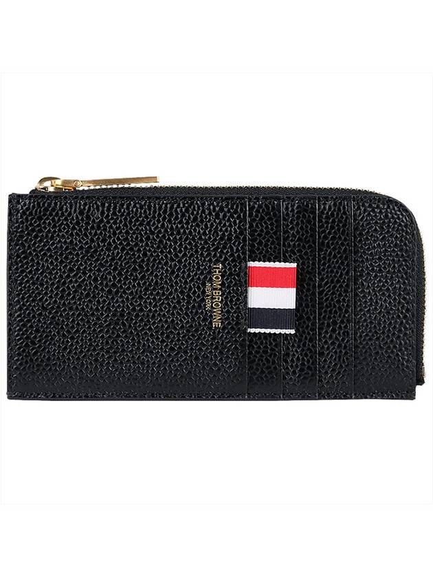 Stripe Zip Around Pebble Grain Leather Card Wallet Black - THOM BROWNE - BALAAN 2