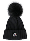 Pom-Pom Detail Wool Beanie Black - MONCLER - BALAAN 3