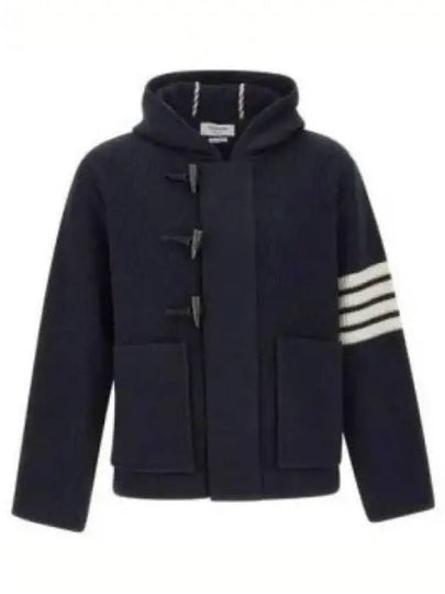 Boiled Wool Half Cardigan Stitched Hooded 4 Bar Double Jacket Navy - THOM BROWNE - BALAAN 2