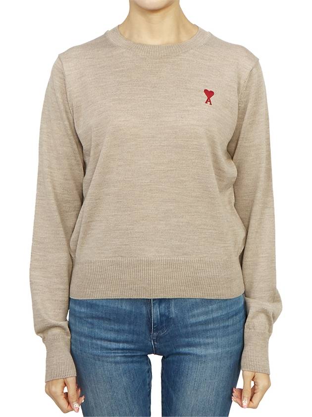 Heart Logo Crew Neck Merino Wool Knit Top Beige - AMI - BALAAN 2