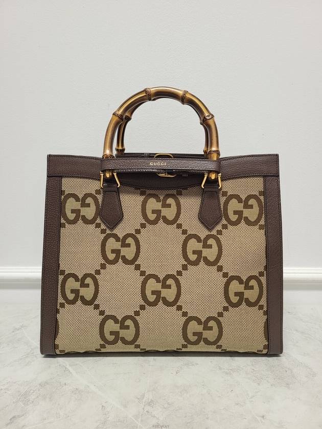 Used luxury goods Lewis It Brown jumbo GG canvas Diana bamboo top handle tote shoulder bag - GUCCI - BALAAN 6