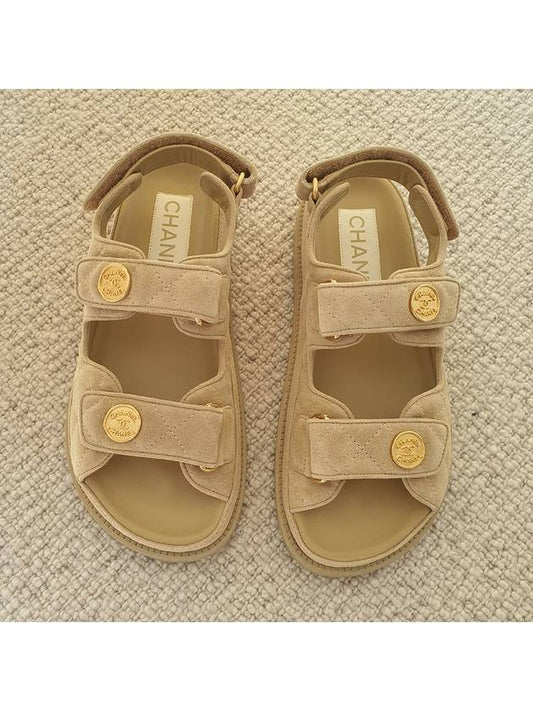 Button Logo Velvet Velcro Sandals Beige - CHANEL - BALAAN.