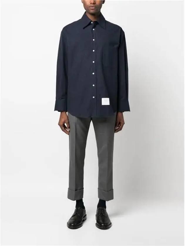 Back Stripe Oversize Cotton Flannel Long Sleeve Shirt Navy - THOM BROWNE - BALAAN 3